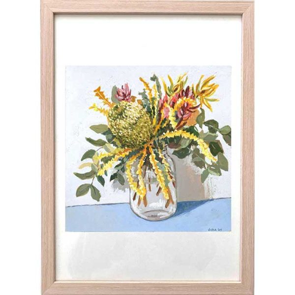 Banksia bouquet blue still life painting